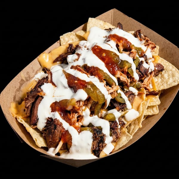 Muchachos' nachos with pulled pork, cheese, sour cream, salsa, and pickled jalapeños in a cardboard tray.