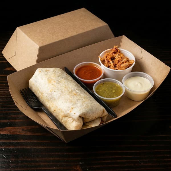 Muchachos burrito meal in a cardboard tray with shredded chicken, red salsa, green salsa, and crema.